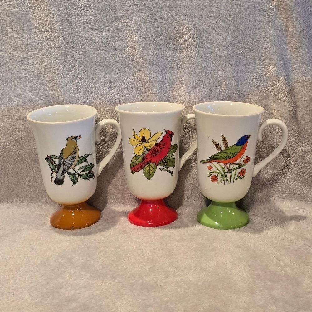 Vtg Fred Roberts MCM Song Bird Series Set of 3 Pedestal Mugs Cardinal‎ Bluebird